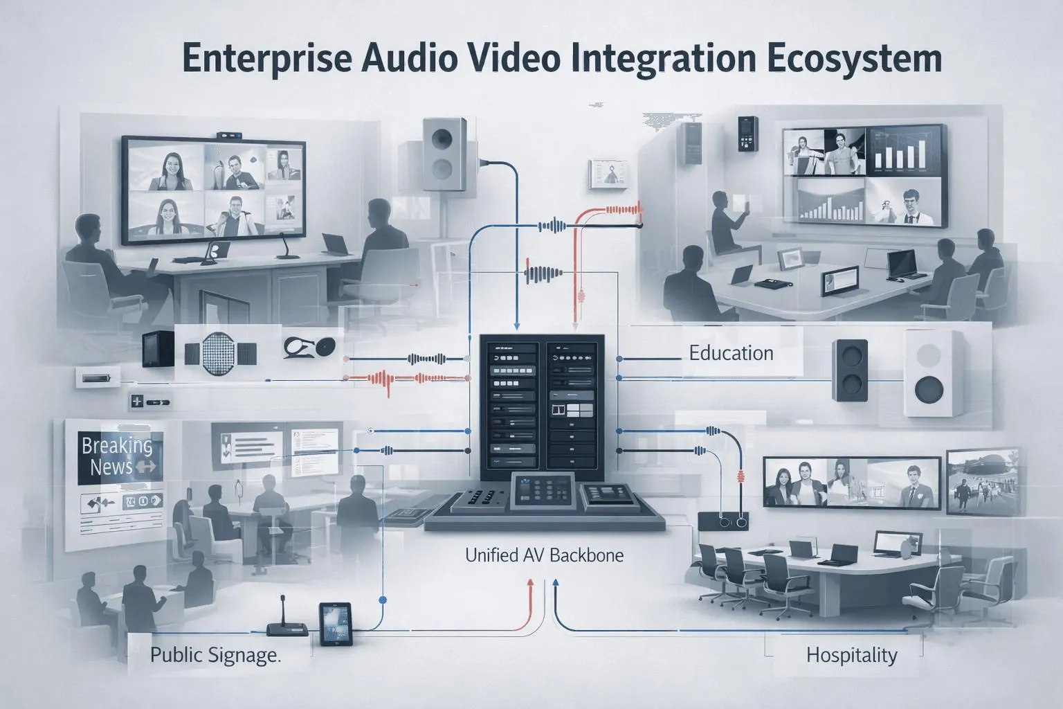Enterprise audio video integration ecosystem connecting collaboration, signage, education, and hospitality environments